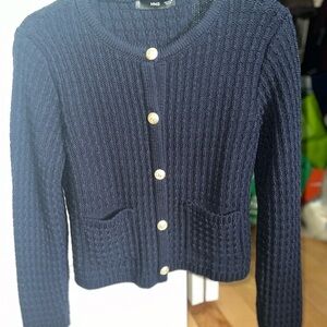 Mango Navy Knit Cardigan with Gold Buttons